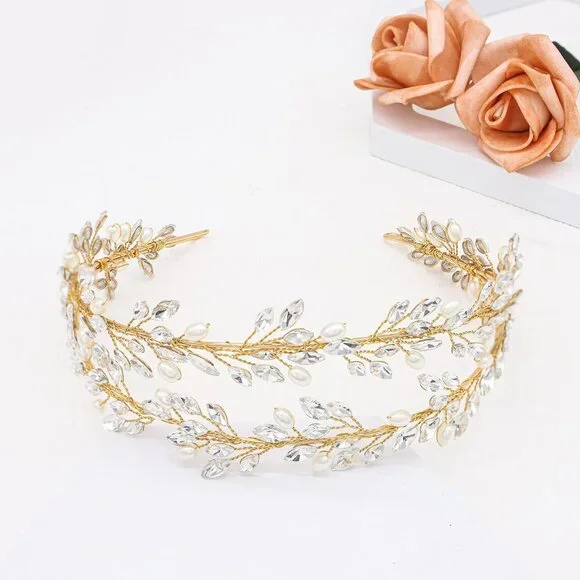 Bridal Crystal Headbands Double Layer Wedding Headdress Gold Wedding Headpieces